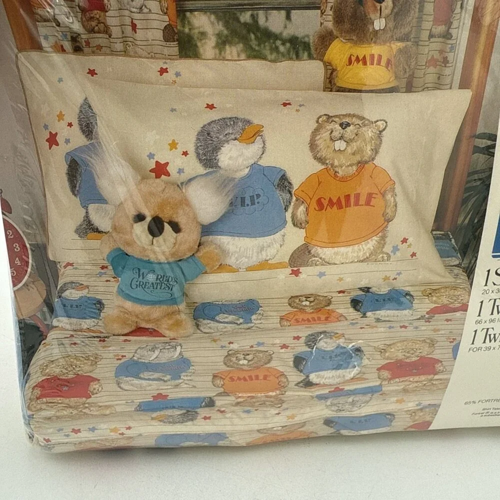 Vintage Shirt Tales 3 Piece Twin Set pillowcase flat & Fitted Bed Sheets New NOS